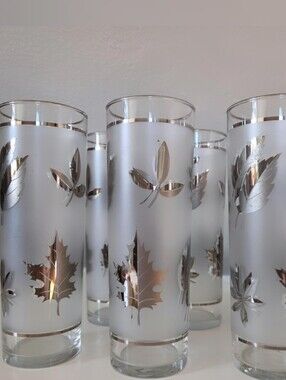 Set of 6 Vintage Libbey Frosted Highball Glasses | Silver Foliage Design